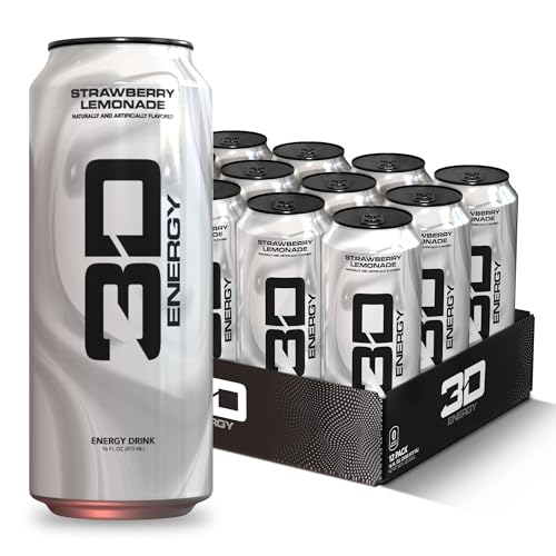 3D Energy Drink – Sugar Free, 200mg Caffeine, Pre Workout, Taurine, L-Carnitine, Lightly Carbonated, 16oz Cans, 12 Pack - Strawberry Lemonade