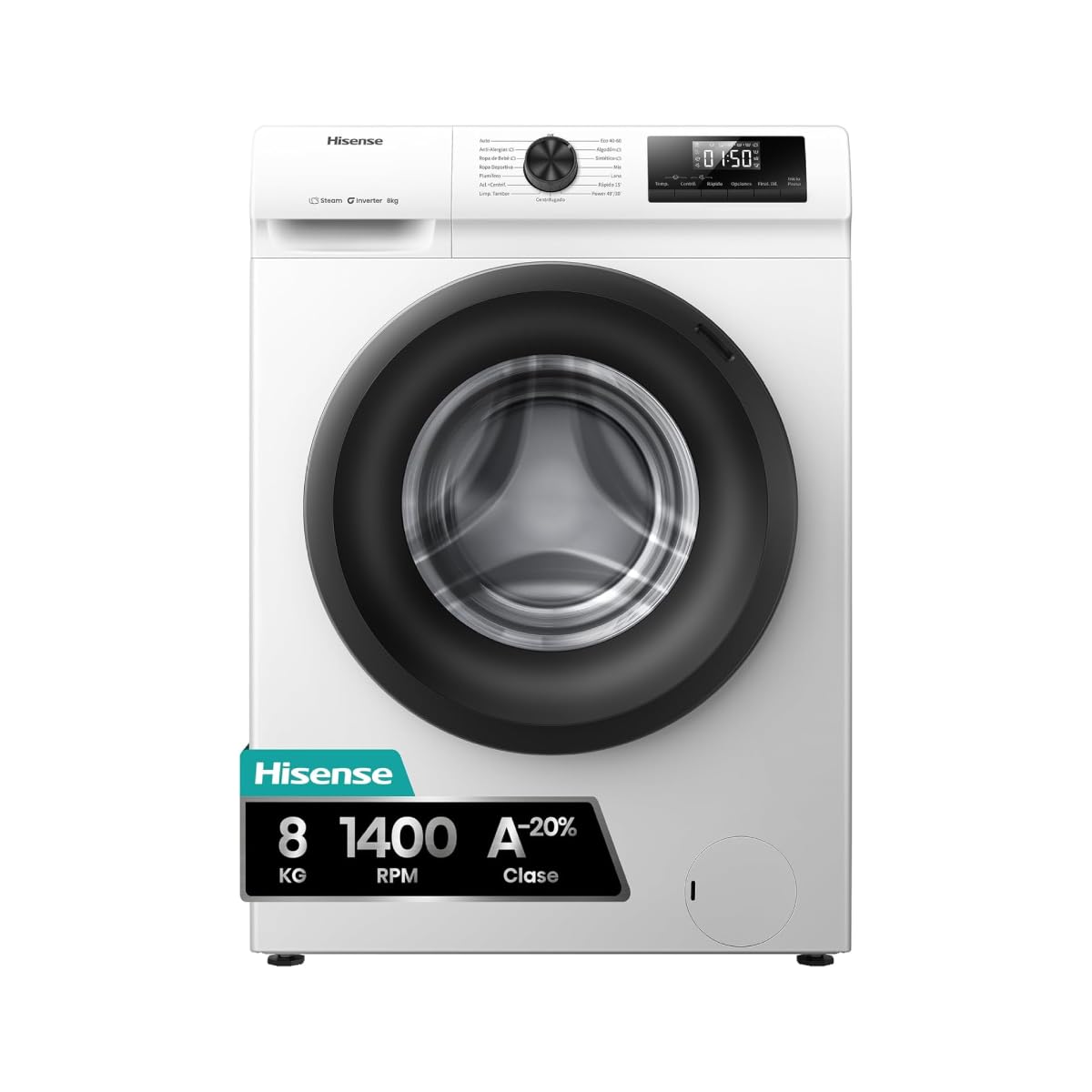 Hisense WF1Q8041BW - Lavatrice con funzione vapore, 8 kg, 1400 giri/​min, 15 programmi, programma anti-​allergie, lavaggio per neonati, autolavaggio, QuickWash/​piumino/​Eco/​Power 49' / fine ritardata