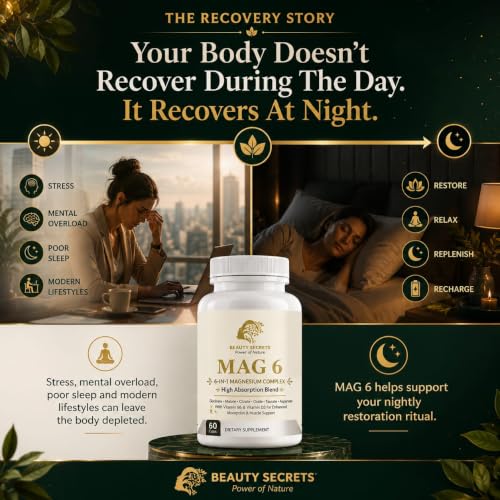 Image of Beauty Secrets Mag 6 - Full Spectrum Magnesium Supplement with Vitamin D3 & B6 | 6 Bioavailable Forms: Glycinate, Malate, Citrate, Oxide, Taurate & Aspartate | Root-Cause Support for Sleep, Calm & Energy | 60 Veg Capsules
