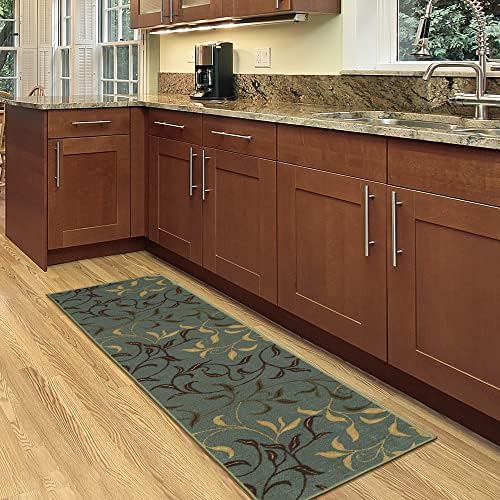 Machine Washable Leaves Design Non-Slip Rubberback 2x5 Traditional Runner Rug for Hallway, Kitchen, Living Room, Bedroom, Entryway, 20" x 59", Seafoam Green