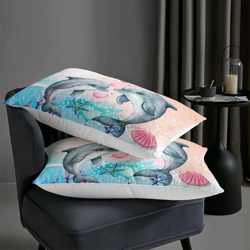 Image of AILONEN Dolphin Comforter Set Queen Size, Kawaii Jumping Dolphin Bedding Set for Kids Girls,Ocean Theme Bed in a Bag Duvet Set,3 Pieces,1 Quilt and 2 Pillowcases,Soft Microfiber