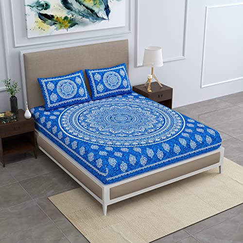 Colorish 120 TC Cotton Blend Mandala Printed Jaipuri Bedsheet for Double Bed King Size with 2 Pillow Covers, Blue