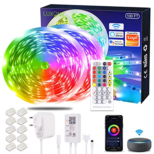 LUXONIC - Tira LED de 30 m (15 m x 2), RGB LED con Google Assistant, Smart Luces LED DIY para habitaciones, fiestas, cocina