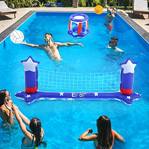 Thinkmax Large Pool Volleyball Set Pool Volleyball Net & Pool Basketball Hoops With 2 Beach Balls, Pool Games For Family And Adults, American Flag Pool Floating Court(116''X46'') & Hoop(31''X24'') #TOP1