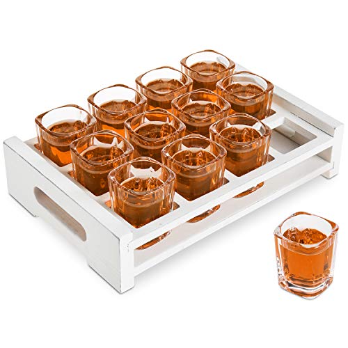 MyGift 12 Shot Glass Home/Bar/Restaurant Server Set with Decorative Vintage White Wood Tray