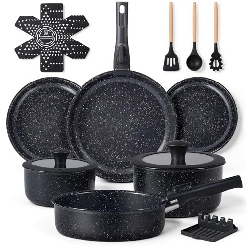 Ammeloo 21 Pcs Pots and Pans Set Non Stick, Ceramic Kitchen Cookware Set with Detachable Handle, Non Toxic Cooking Set for Kitchen, RV, Camping and Fridge, Induction Ready, Dishwasher/Oven Safe, Black
