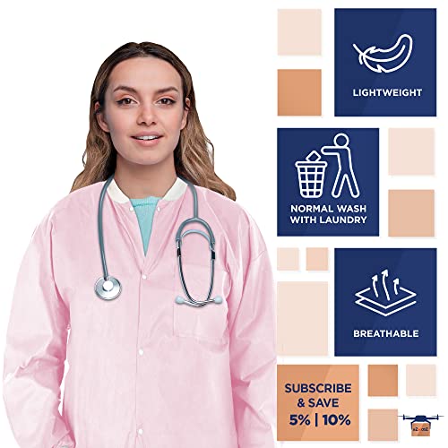 Ezgoodz Disposable Lab Jackets 33" Long. Pack Of 10 Light Pink Hip-Length Work Gowns Xx-Large. Sms 50 Gsm Shirts With Snaps Front, Knit Cuffs, Collar, 3 Pockets. Unisex Ppe Body Protective Short Coats #TOP3