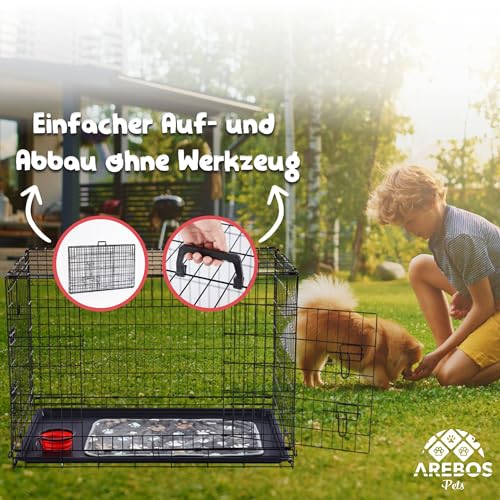 Arebos Hundekäfig 107 x 71 x 77,5 cm | Hundetransportbox Auto klappbar | Hundebox faltbar | Transportbox Hund mit 2 Türen | Hundekäfig für Zuhause | XL Schwarz