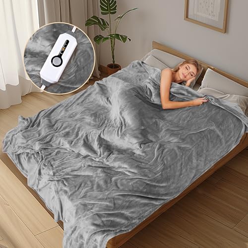 Light Grey Electric Heated Blanket - 72 x 84, Flannel Fabric, 4 Heat Levels, 10-Hour Auto Shut Off, Washable