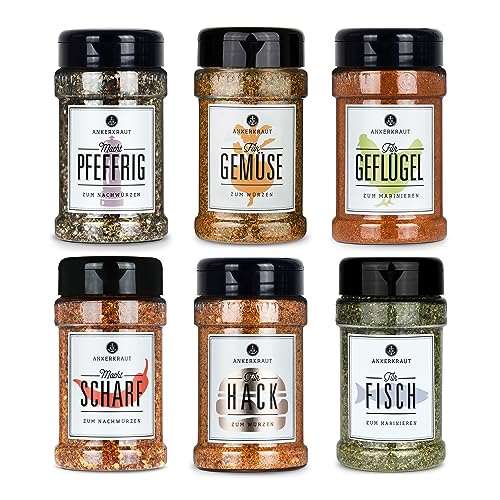 Ankerkraut 'Einfach kochen' Set, 6 Gewürz Streuer im Bundle, für Geflügel, Fisch, Hack, Gemüse, Scharf und Pfeffer, 1225 g Gewürze für Alles