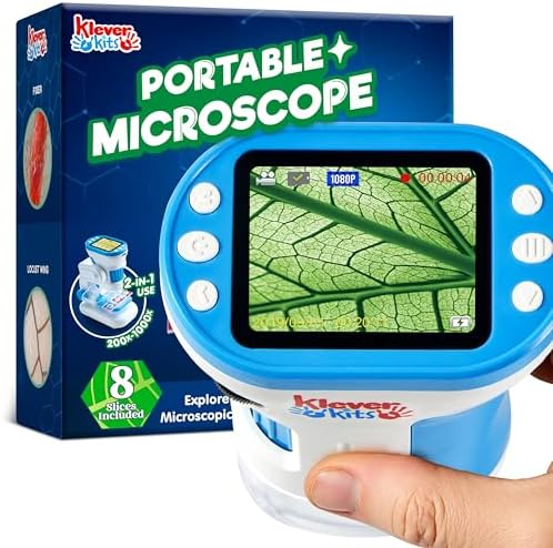 Klever Kits 2 in 1 Handheld Microscope for Kids, 1000X HD Digital Kids Microscope with 2.0'' LED Screen, Portable Pocket Handheld with Slides, 32G Card, Edu Gifts Toys for Ages 5-12