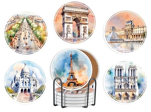 Onebttl Cadeaux de Paris, cadeaux de Paris pour femme, dessous de verre, céramique, absorbant avec base en liège, décoration d'intérieur pour la famille,...