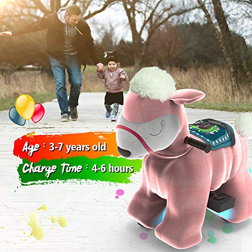 HOVER HEART Rechargeable 6V/7A Plush Animal Ride On Toy with Bottom LED Light for Kids (3~7 Years Old) with Safety Belt (Alpaca Llama)