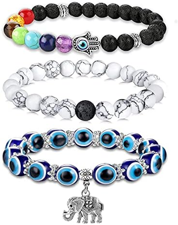 PANSHI Evil Eye Bracelets Chakra Crystal Beaded Bracelet Set Name Letter Beads Charm Luck Jewelry Ojo Protection Birthday Gifts for Women Her Mom Mother Daughter (Elephant)