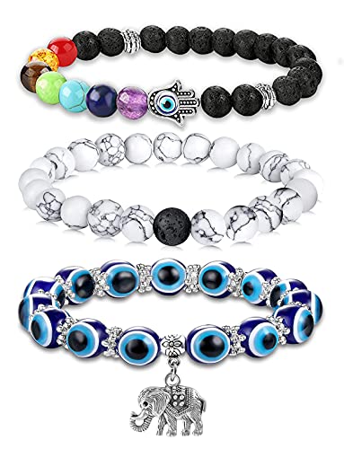 PANSHI Evil Eye Bracelet Chakra Crystal Stone Beaded Bracelets Set Name Letter Beads Charm Protect Luck Jewelry Ojo Protection Birthday Gifts for Women Her Teen Girls Sister Mom Mother (Elephant)