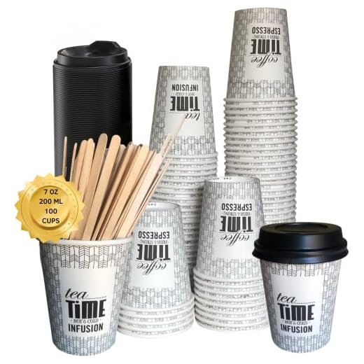 100 Vasos Desechables Café de 200 ml (7 Oz) Vasos café desechables con Tapas y Paletinas. Vasos Cartón para Café,Té, Agua, Bebidas Calientes y Frías. Vasos Café para llevar,