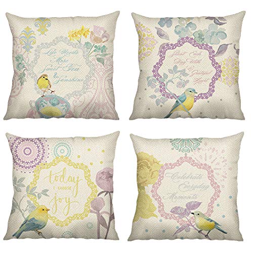 Bonhause Juego de 4 Funda de Cojín 45x45cm Pájaro Flores y Frases Algodón Lino Fundas de Almohada para Cojines Decorativos para Sofá Cama Coche Hogar