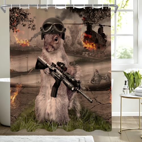 Dalianlc Funny Squirrel Warrior Theme Bathroom Bathtubs Fabric Shower Curtains Helicopter Animal Shower Curtain Set with 12 Hooks 72 x 72 inches Polyester Machine Washable, Black and Green by Dalianlc - Used condition - Image 2