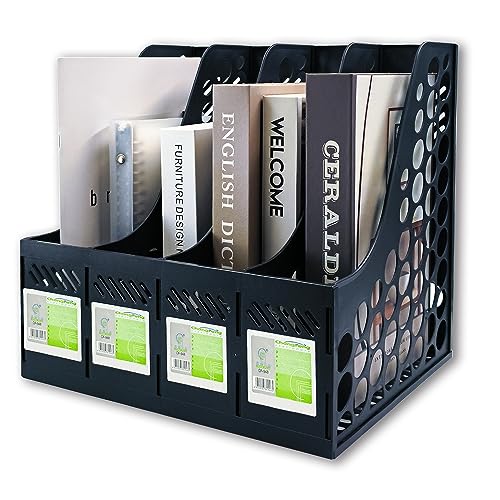 Ysenchan Magazine File Holder, Binder Organizer for Desk 4 Compartment, Desktop Storage Vertical File Holder Suitable for Newspaper, Files, Folders, Books(Black)