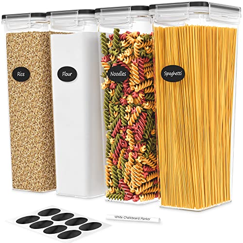 DWËLLZA KITCHEN Pasta Storage Containers for Pantry Airtight - 4 Pc Spaghetti Container Storage - Ideal for Spaghetti & Noodles, Kitchen Pantry Organization and Storage - Keeps Food Fresh & Dry