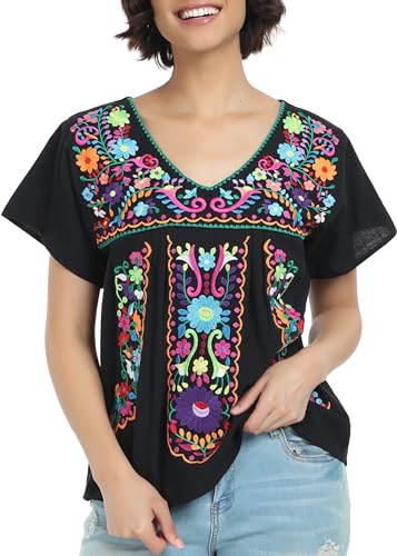 トップス used euro embroidery blouse Womens Solid Embroidery Blouse: Casual 3/4 Sleeve O-Neck