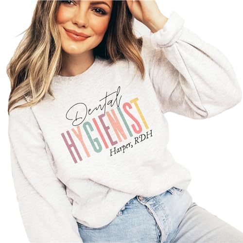 Custom Dental Hygienist Sweatshirt, Personalized RDH Name Gift, Dental Hygiene Shirt, Dentist Office Employee Coworker Gifts, Unisex Crewneck Sweatshirt White4