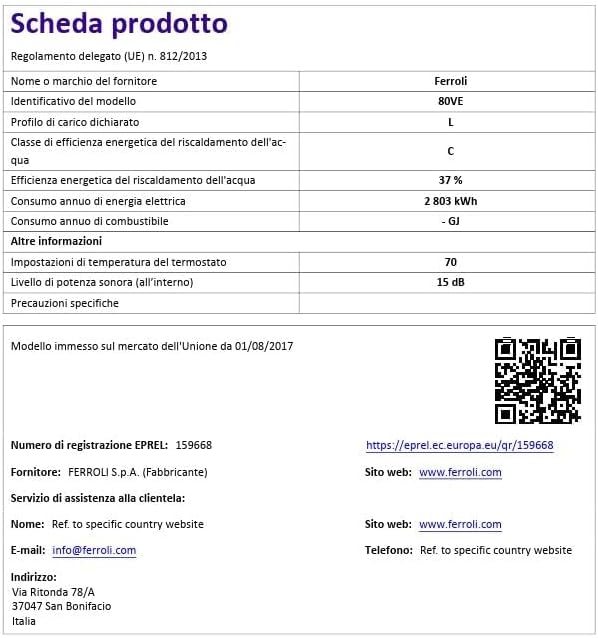 Ferroli Calypso 80VE Energy Label