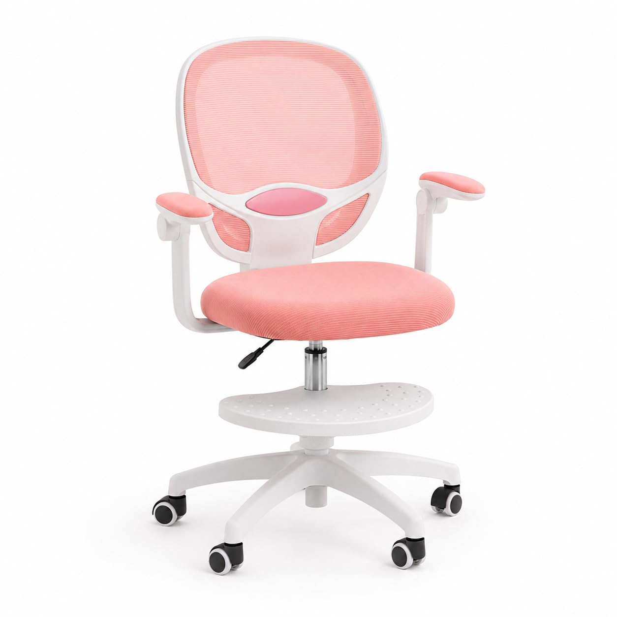Sedia da scrivania per bambini, regolabile in altezza, 50 kg, rosa | rete, schiuma, forma a sella, pieghevole a 90°, 50 kg, ruote a gravità, girevole a 360°, seduta da 10 cm + poggiapiedi, 5-13J