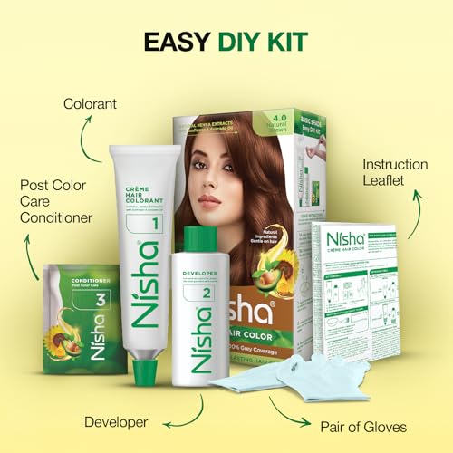 Image of Nisha Creme Hair Color Cream Natural Brown, 120g, Long Lasting Hair Dye for Grey Coverage, Rich Color & Shine, For Men & Women, Pack of 1