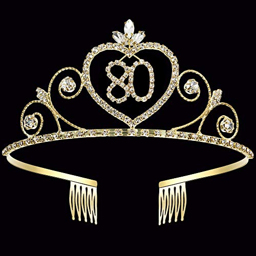 Coucoland 80th Crystal Birthday Crown Tiara 80th Rhinestone Princess Birthday Crown Headband Gold 80th Happy Birthday Party Crown Tiara
