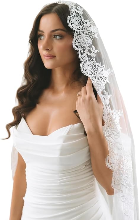 SILK & LACE Cathedral Wedding Veil for Bride, 1-Tier White Tulle Bridal Veil, Luxury Veil with Lace Trim