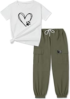 ARTMINE Girls' 2 Piece Outfits Casual Drawstring Jogger Pants and Basic Short Sleeve Top