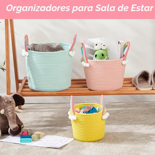 Pack 2 cestas de almacenamiento infantil de cuerda de algodón con arcoíris tricolor 4