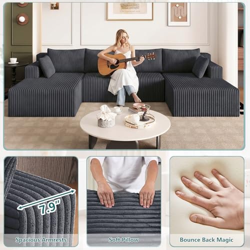 Image of 124 inch U-Shape Cloud Couch, Modern Modular Sectional U-Shape Sofa, Corduroy Boneless Couch Upholstered Couches Deep Seat Sleeper Chaise Longue for Living Room, No Assembly Required,Dark Gray