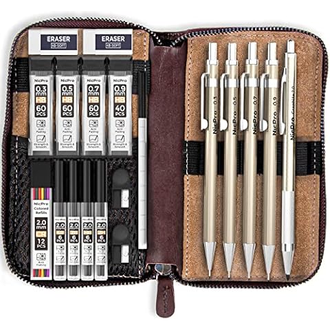 Nicpro 5 Stück Druckbleistifte, Metall Druckbleistift für Kunst Skizze Zeichnen mit Lederetui, Breite 0,3 & 0,5 & 0,7 & 0,9 & 2 mm Ersatzminen(Schwarz&Farben) Radiergummis, Spitzer Cover