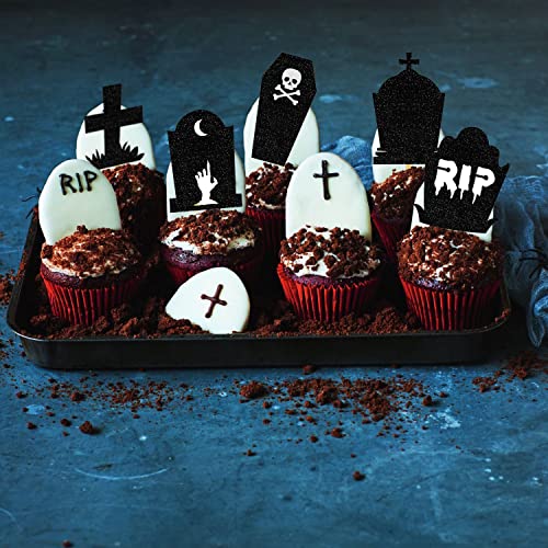 Domoo Of Dreams HALLOWEEN TOMBSTONE 07-18 Halloween Tombstone Cupcake Toppers Glitter Rip Spooky Skull Food Picks Cemetery Graves Zombie Birthday Party Decoration 24Pcs thumb #4