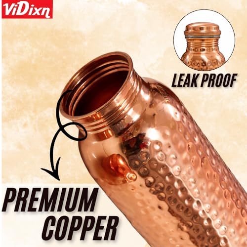 Image of Pure Copper Water Bottle with Leak-Proof Lid | Hammered Design Copper Bottle for Drinking Water | Reusable & Eco-Friendly Bottle for Home, Office, Yoga & Travel (Copper Doty)