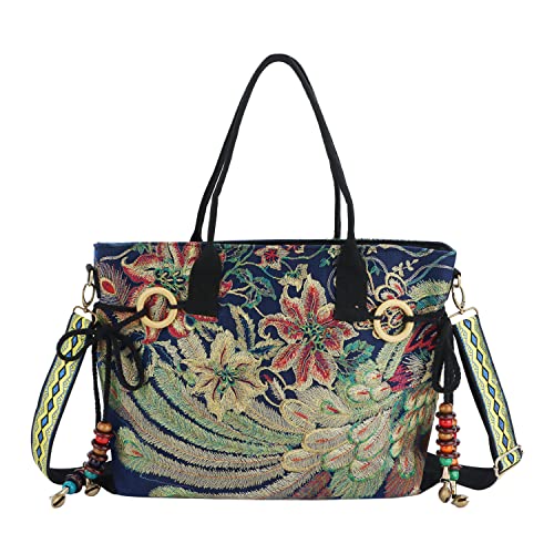 EVEOUT Umhängetaschen Handtaschen für Damen Ethnische Hobo Taschen Canvas Schultertaschen Einkaufstaschen mit Pailletten Phoenix Bestickt Cover
