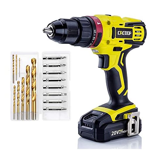 CACOOP 20V 1/2 Inch Cordless Hammer Drill Set with Battery,50Nm high torque and 21+1+1Clutch Setting,3-in-1 Battery powered drill