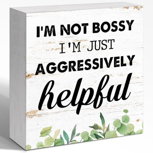 WUZYOU Funny Boss Manager Wood Box Sign Wall Decor, I'M Not Bossy I'M Just Aggressively Helpful Wall Wood Block Sign Desk Decorate, Mom Sarcasm Workplace Desk Tabletop Shelf Decoration