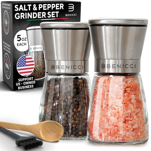 Stainless Steel Salt and Pepper Grinder Set of 2 (5oz) – Manual Adjustable Ceramic Mills – Grinders with 5 Coarseness Levels – Refillable Glass Shakers, No Batteries – Includes Spoon & Brush