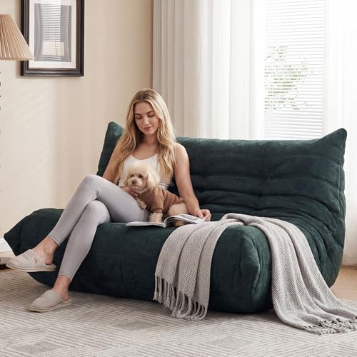 Image of Bean Bag Loveseat for Adults, 51.18 inch Double Floor Lounge Sofa with Reinforced Armrests, 30D High-Density Foam Support, Premium 450G Velvet Soft Seating for Living Room & Bedroom, Dark Green