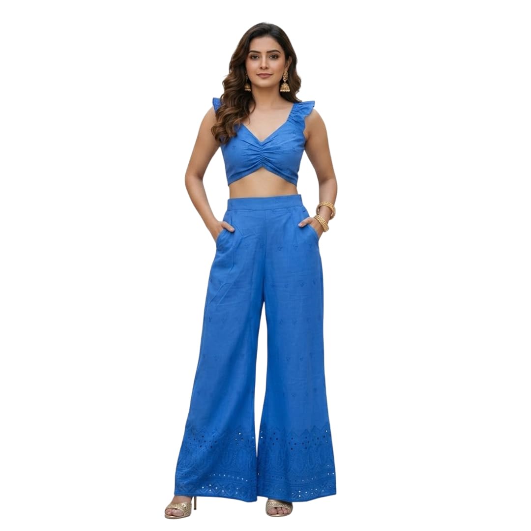 Women's Solid Blue Sleeveless Knot Front Crop Top with High Waist Wide Leg Palazzo Co-Ord Set-image-36
