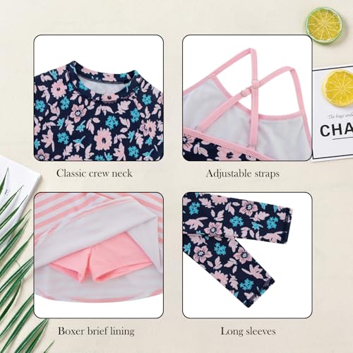 Image of Girls Swimsuit Long Sleeve Swim Shirt 3 Piece Rash Guard for Girls Bathing Suit with Boyshorts