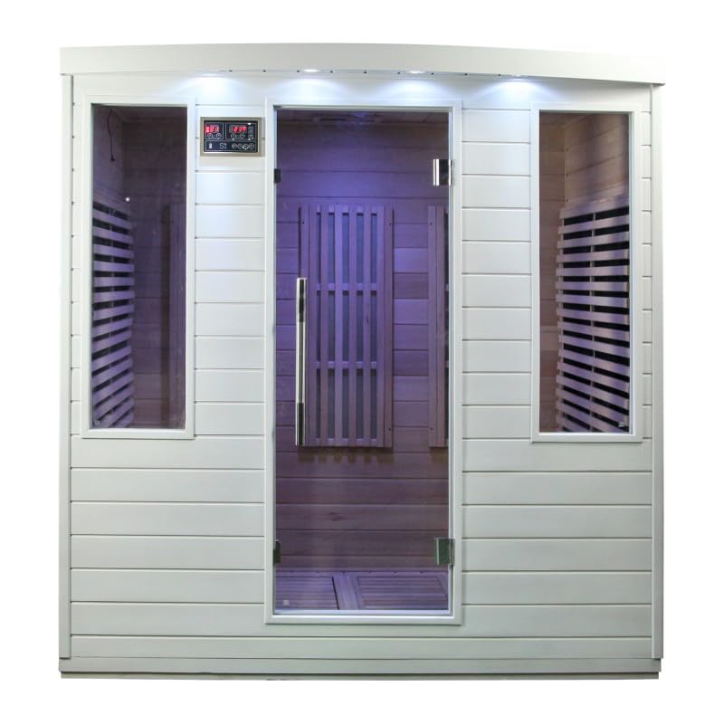 SNÖ Sauna Infrarouge Extérieur 4 Places 3100W Panneaux Carbone Chromothérapie Bluetooth Bois Hemlock Blanc Porte Verre Sécurisé Ionisateur Air 186x185x20cm