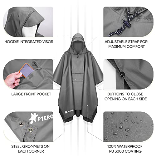 Image of PTEROMY Reusable Rain Poncho, Waterproof Lightweight Unisex Hooded Raincoat for Outdoor Hiking Camping Fishing, Grey, One Size