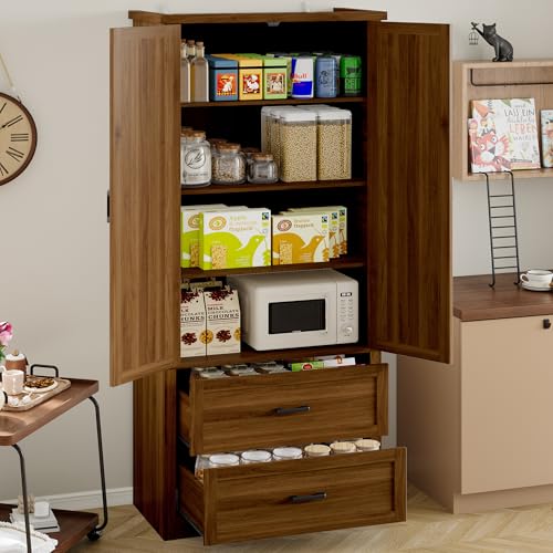Image of BORNOON Pantry Organizers and Storage Cabinet, 71 inch Barn Door White Kitchen Cabinet with Drawers and Adjustable Shelf, Tall Pantry for Kitchen, Dining Room, Living Room. Bathroom and Office