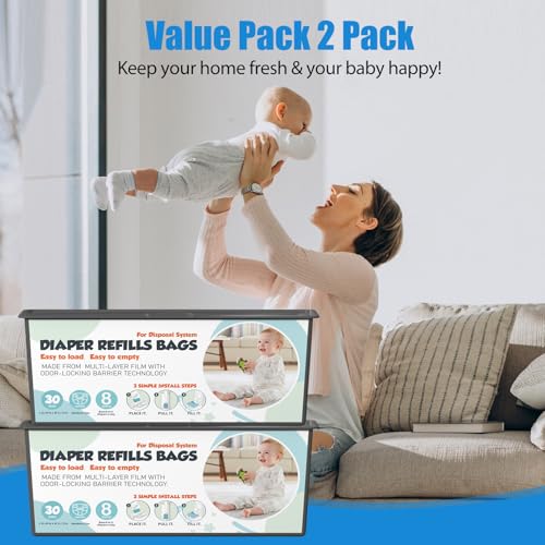 Image of Diaper Pail Refills Bags with 30 Bags Compatible with Genie Easy Roll Signature and Platinum Diaper Pails, 7-Layer Odor-Barrier Technology, 2 Pack (60 Bags)