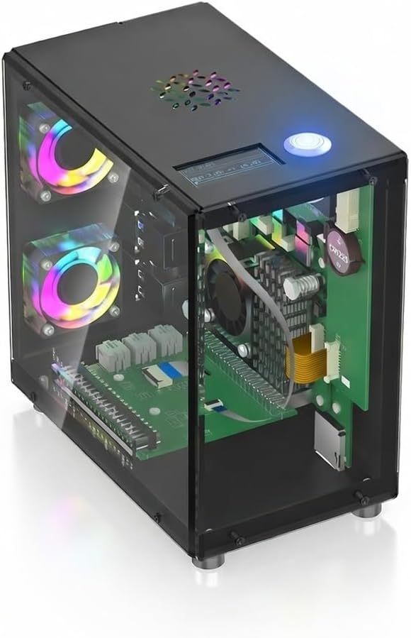 iUniker PiTower Aluminum Mini Tower Case for Raspberry Pi 5 with 1.3" OLED Display, Triple RGB Cooling Fans, NVMe SSD & PCIe Support, Safe Shutdown Power Button, RTC, All Ports Accessible