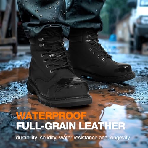 Image of Waterproof Steel Toe Work Boots for Men, EH Rated, Slip Resistant | Mens Safety Toe Work Shoes, ASTM F2413-24, Full-Grain Leather, Oil Resistant, for Construction Industrial Warehouse